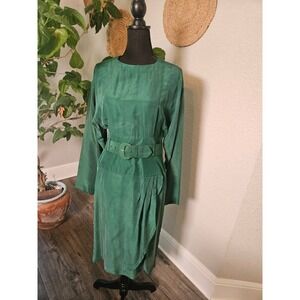 Argenti Sport Dresses Vintage Emerald Green 100% Silk Belted Midi Dress Size 8
